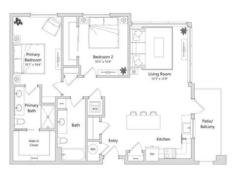 A floor plan of a house with a primary bedroom, a living room, a kitchen, a bathroom, and a patio/balcony.